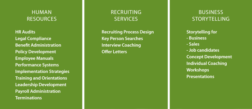 Services include HR Audits, Legal Compliance, Benefit Administration, Recruiting Process Design, Key Person Searches, Interview Coaching, Storytelling for Business / Sale / Job Candidates.